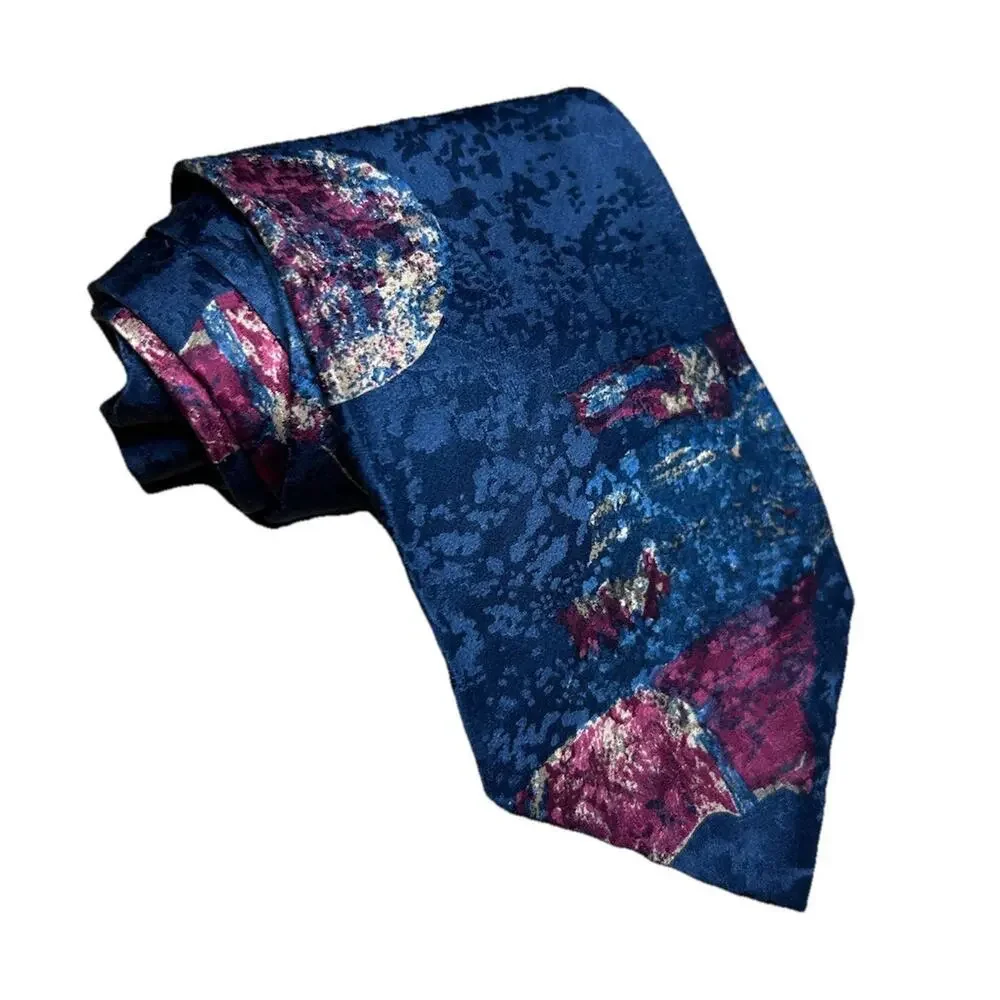 VTG Retro Design Studios Men's Necktie 100% Silk Abstract Floral Navy Blue Red